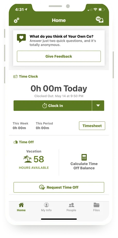 BambooHR's mobile app homepage displays a button to clock in, available vacation hours, and a prompt asking the user to provide feedback on their company.