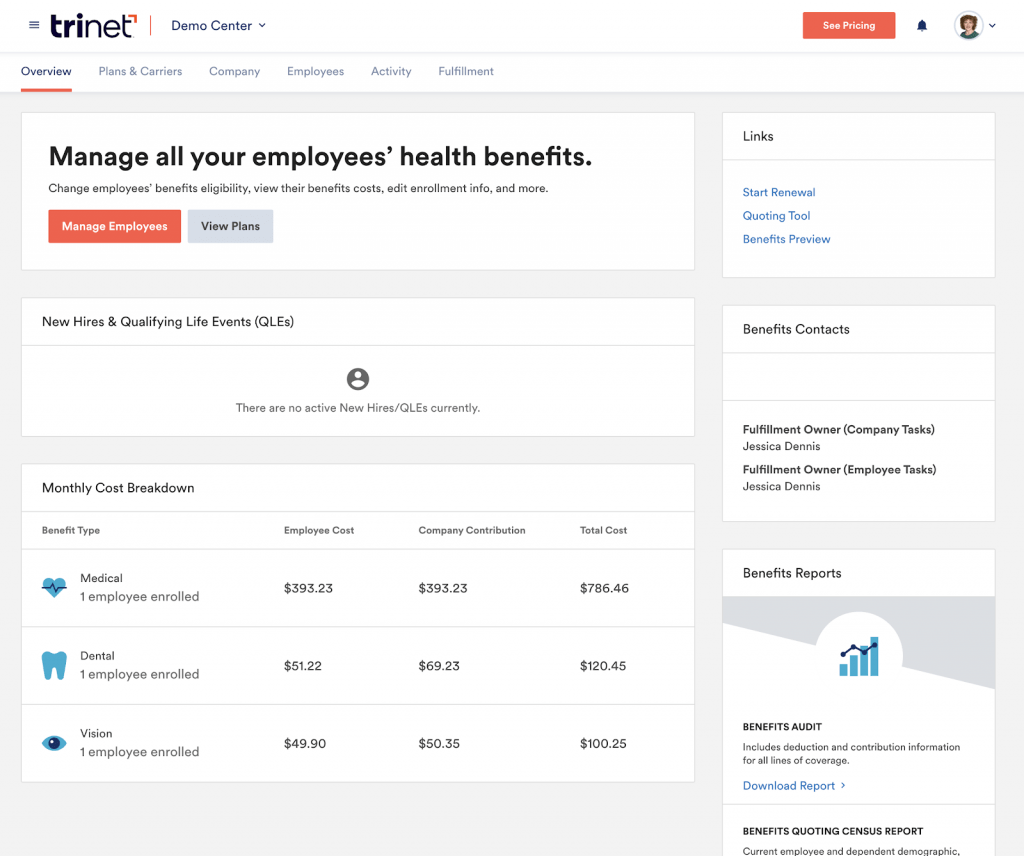 TriNet HR Platform displays a benefits administration dashboard with a list of eligible employees, plus a cost breakdown of medical, dental, and vision benefits.