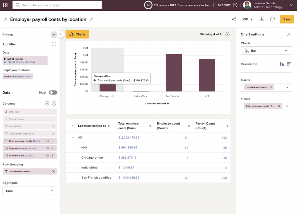 Rippling displays a report dashboard with a bar graph showing company locations along the X-axis, total employer costs on the Y-axis, and options to change chart type on the right-hand side.