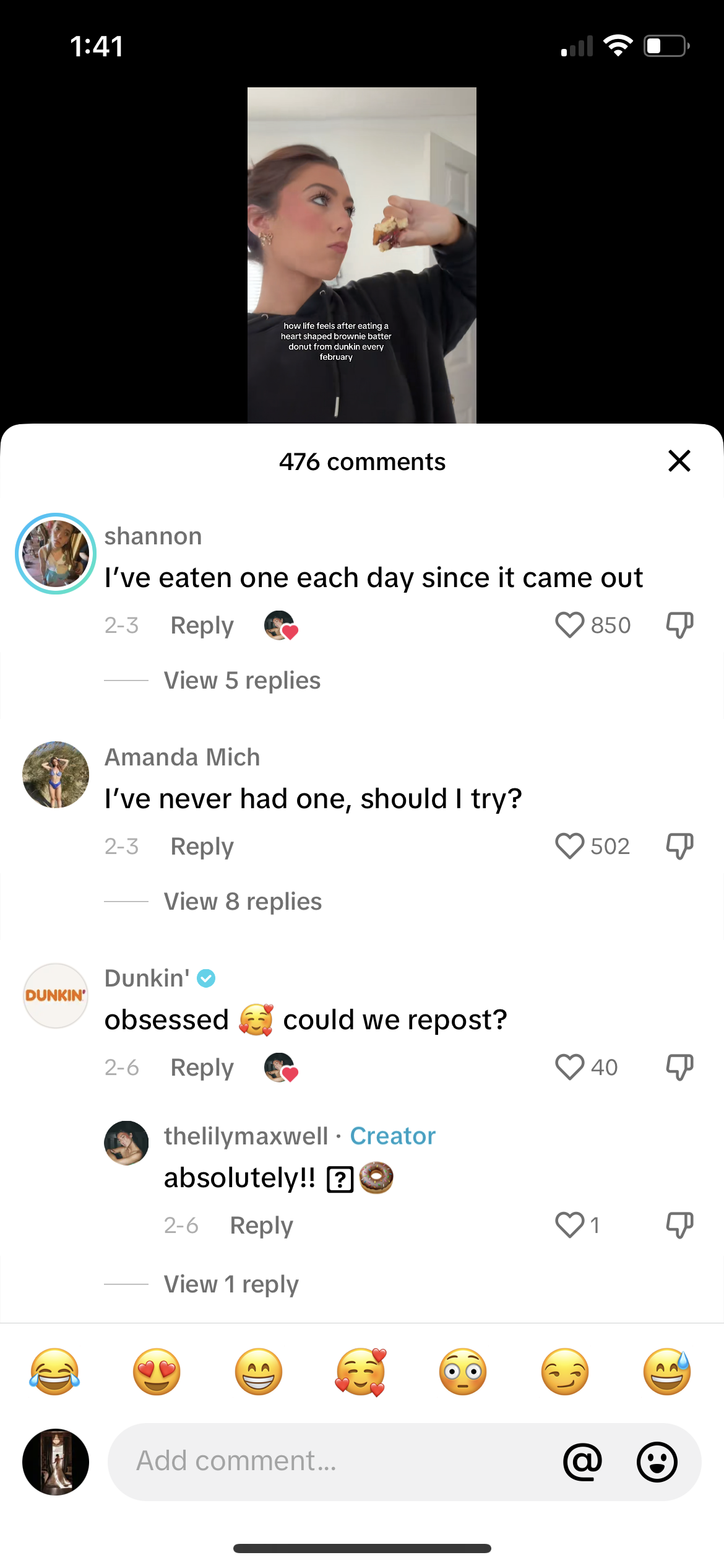 A screenshot of Dunkin' asking a customer if they can repost a UGC video on TikTok