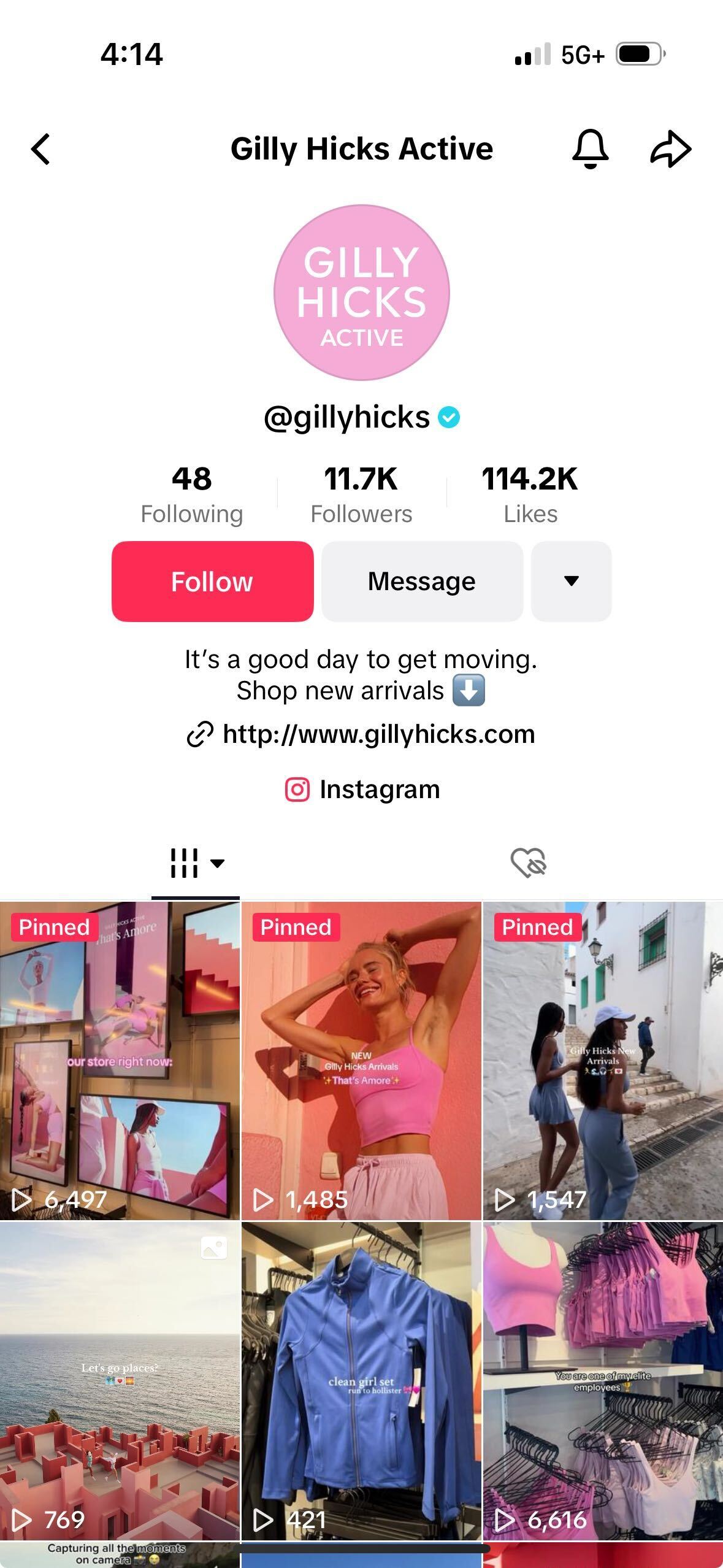 Gilly Hicks' TikTok profile. The profile picture and pinned posts are promoting the new Gilly Hicks Active line.