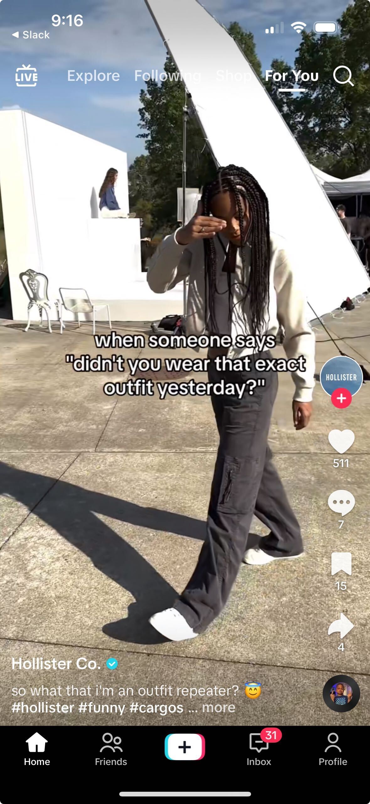 A TikTok shared by Hollister. In the post, a model is covering her face while on the set of a photoshoot. The caption says "When some says "didn't you were that exact outfit yesterday?". 