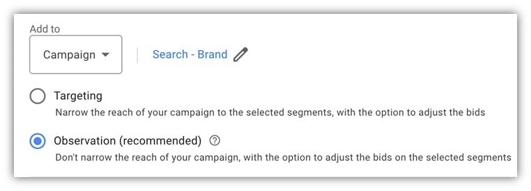 search audiences - observation settings in google ads