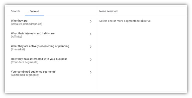 search audiences - screenshot of browsing google ads audiences