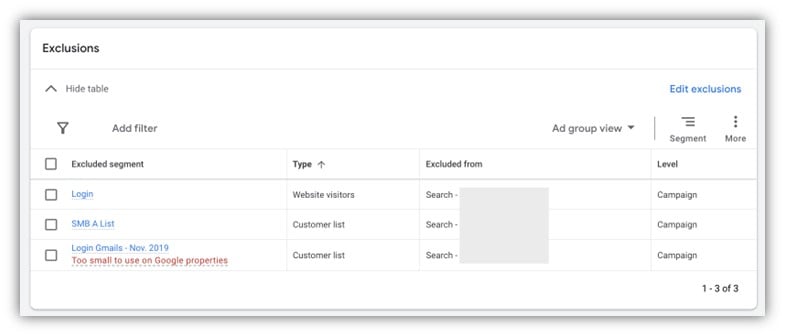 search audiences - google ads audience exclusions screenshot