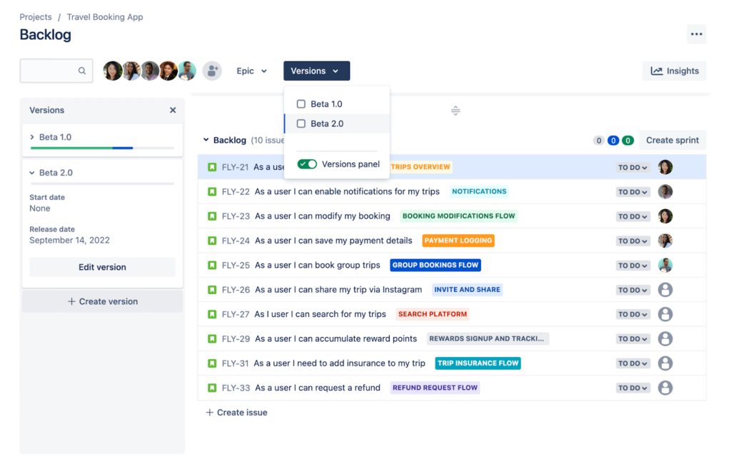 An example of how users can manage different versions of a product in development within Jira Software.