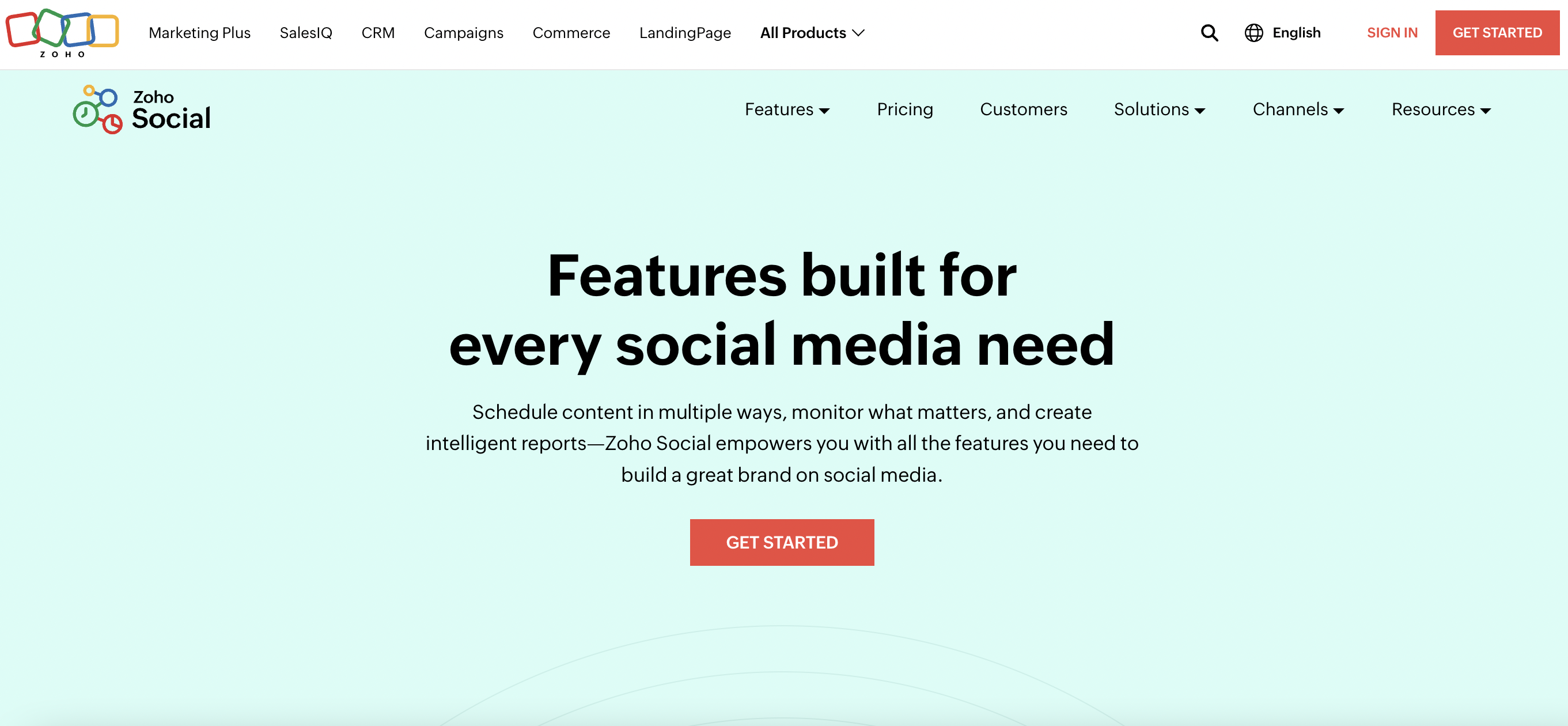 zoho social homepage with text that reads "features built for every social need"
