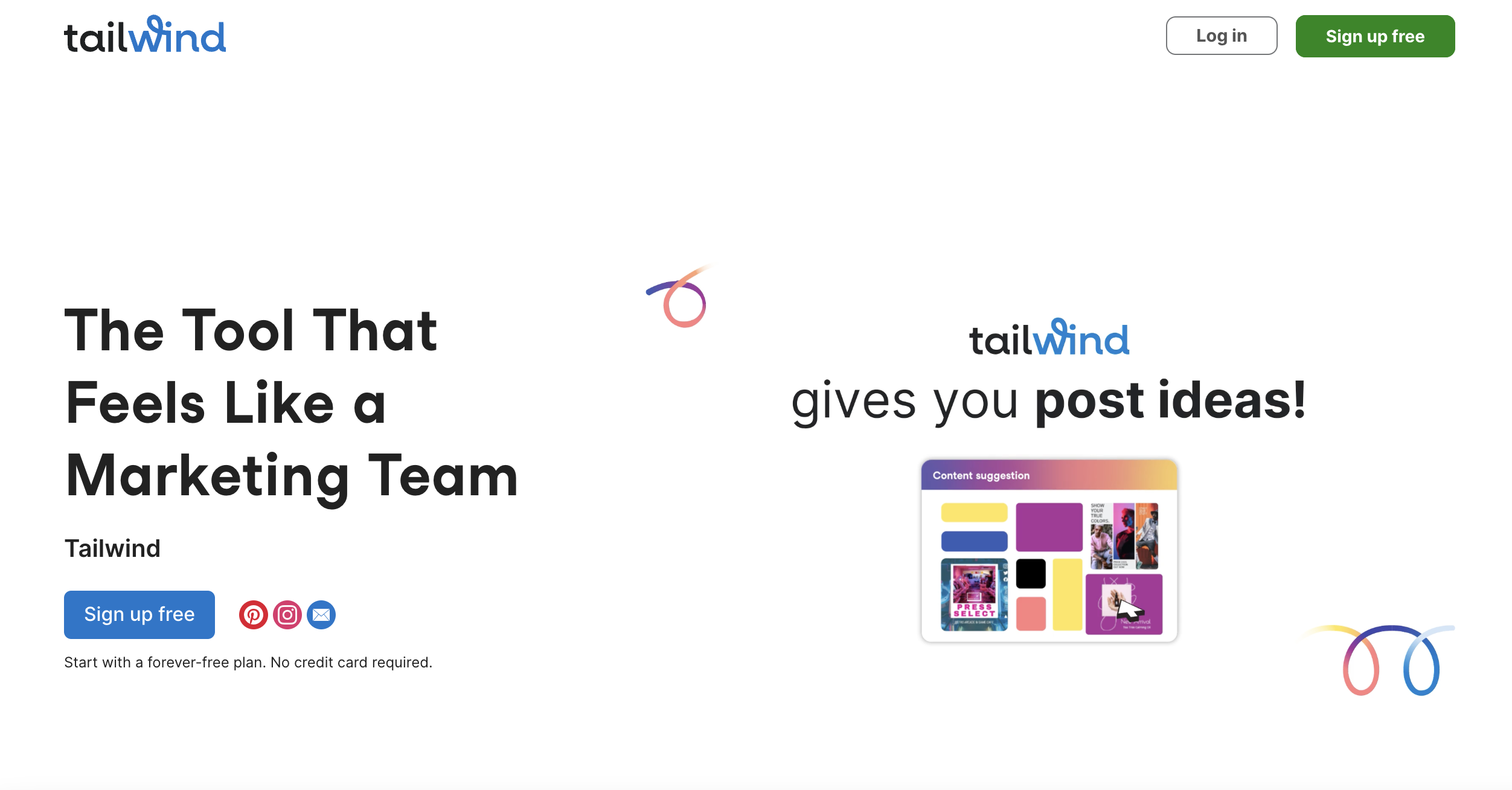 Tailwind homepage with two separate headlines that read "the tool that feels like a marketing team" and "tailwind gives you post ideas!"