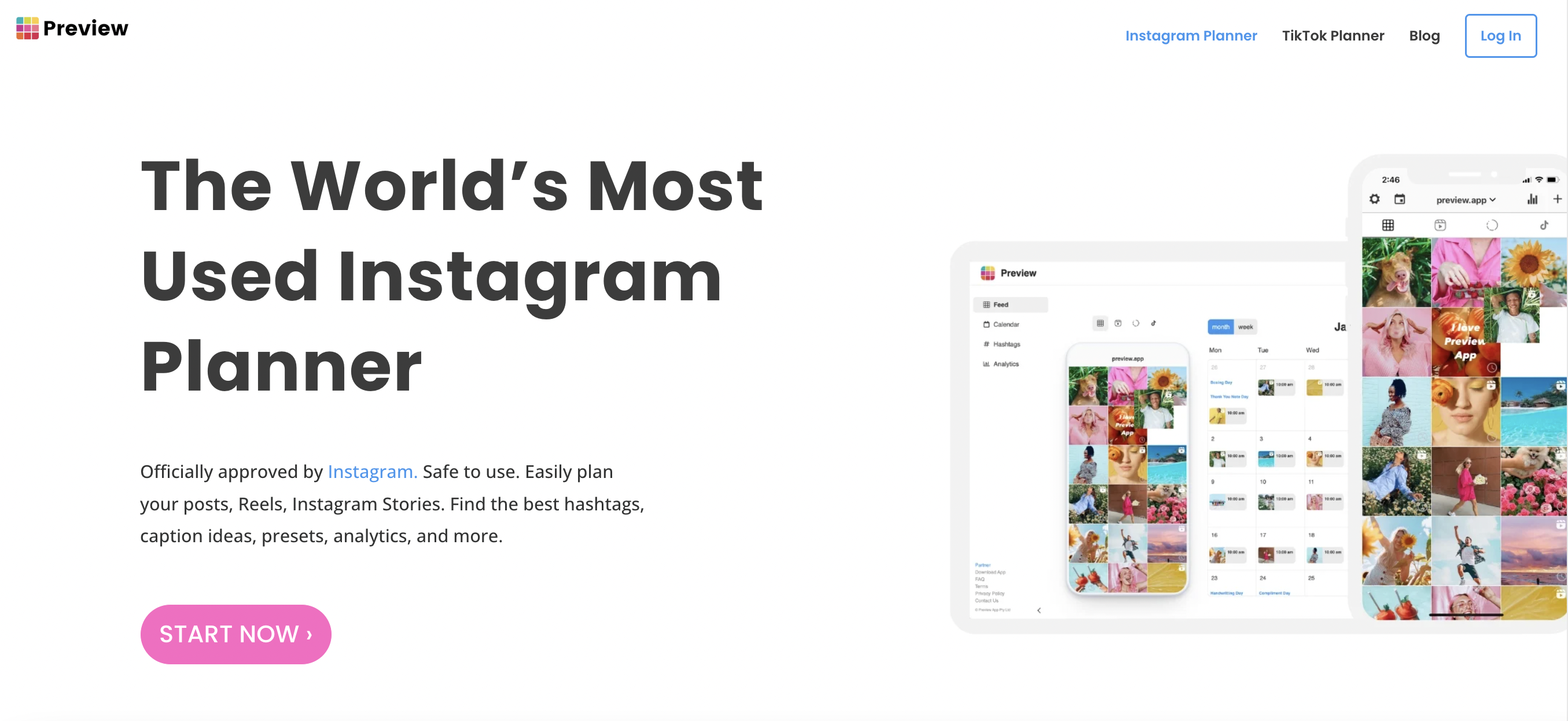 Preview homepage with a preview of the calendar and text that reads "the world's most used Instagram planner"