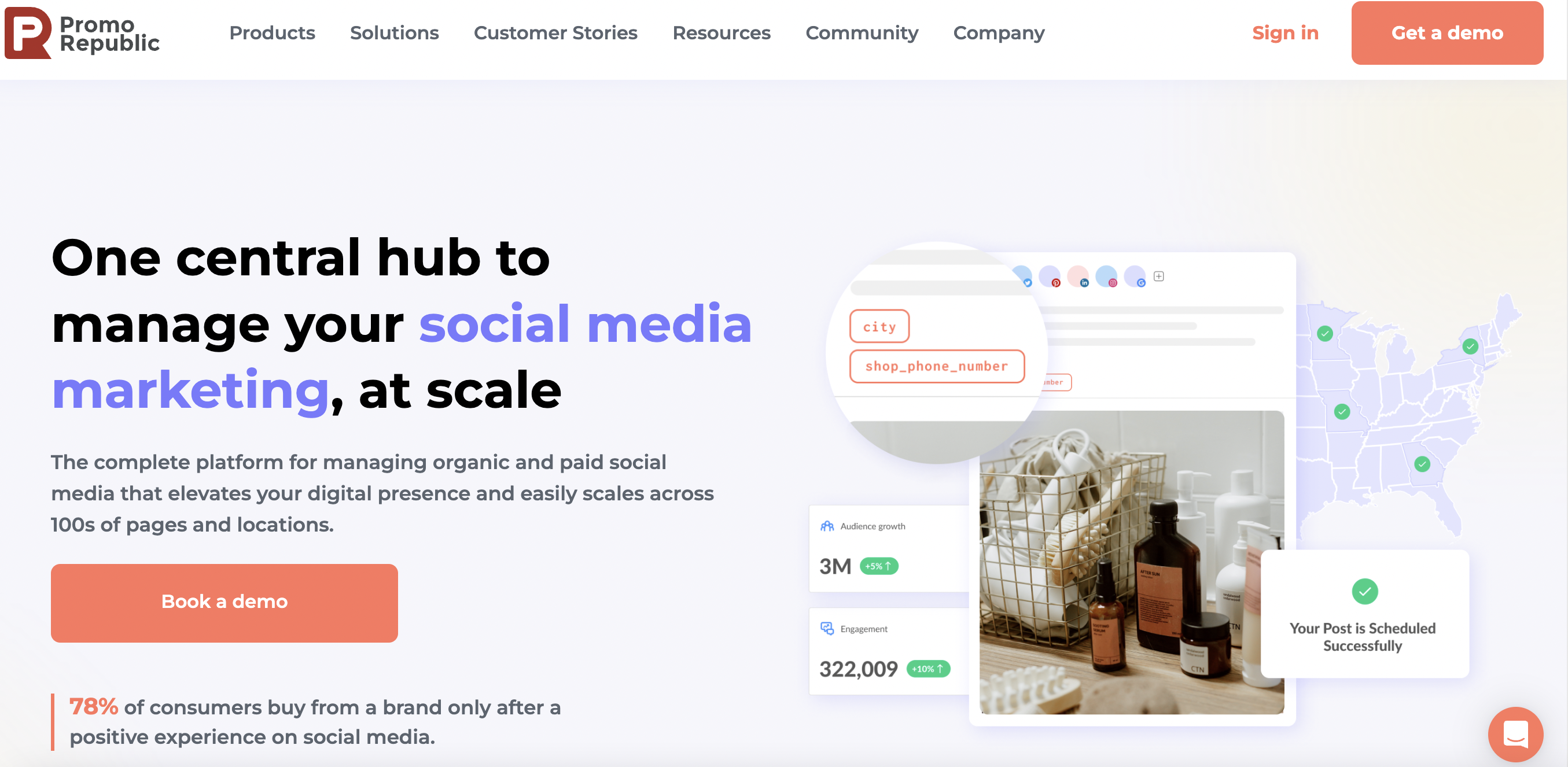 PromoRepublic homepage showing a sample social post overlayed with three popup windows highlighting the tool's features and text that reads "one central hub to manage your social media marketing, at scale"