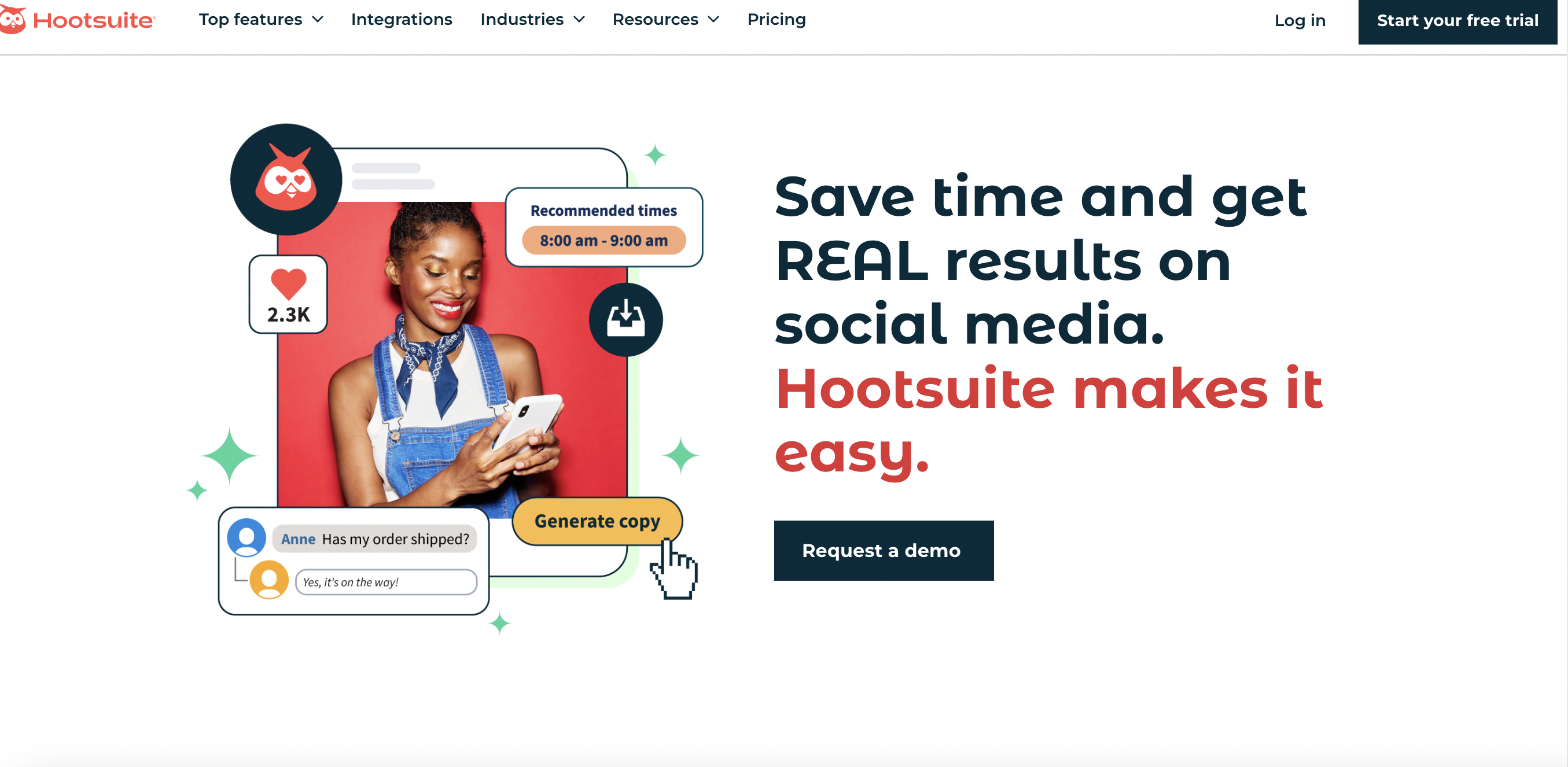 Hootsuite homepage showing a woman smiling as she looks at her phone and the picture is overlayed with several bubbles highlighting the tool's features, and the text reads "save time and get REAL results on social media. Hootsuite makes it easy."