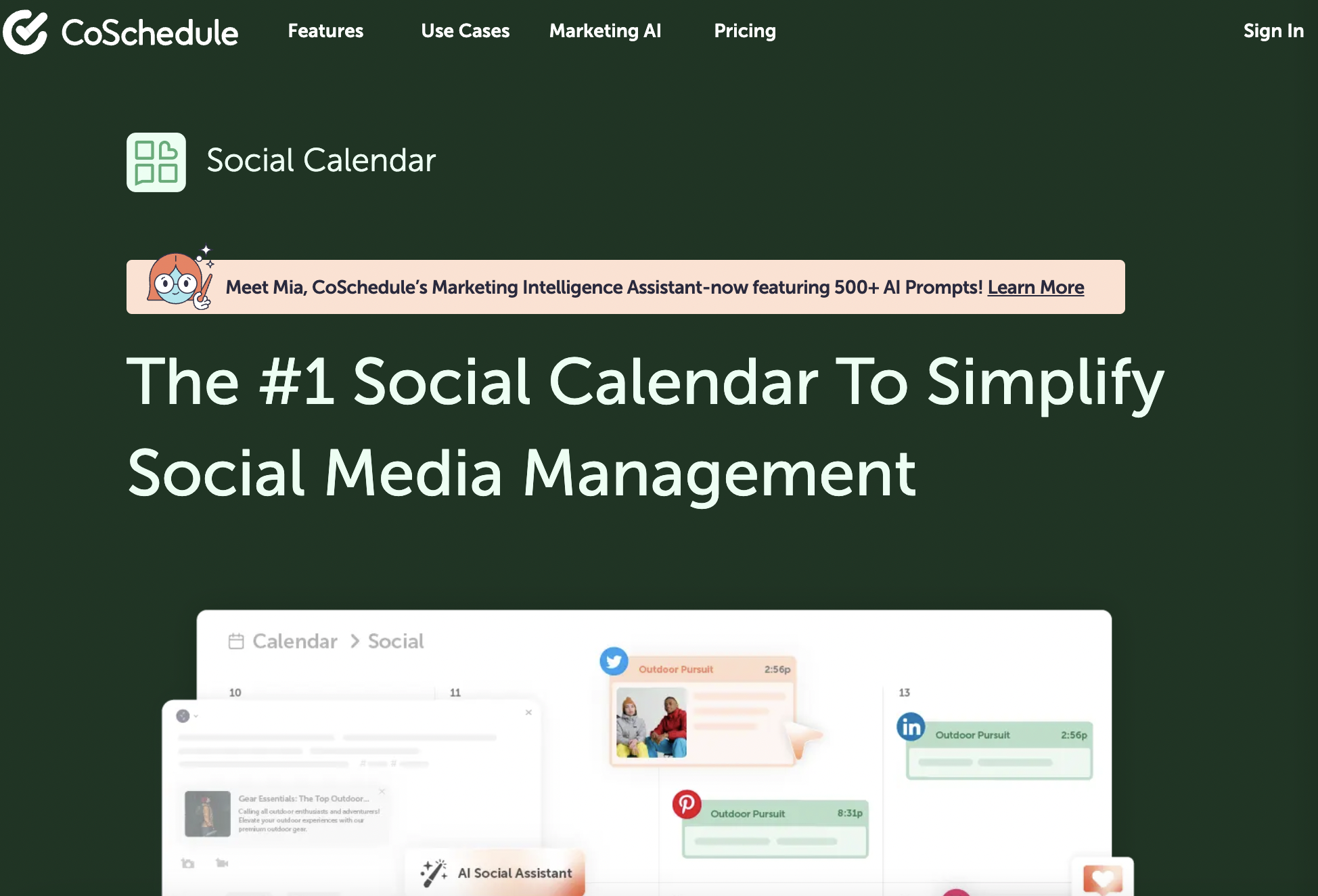 CoSchedule social calendar homepage showing a preview of the calendar and text that reads "the #1 social calendar to simplify social media management"