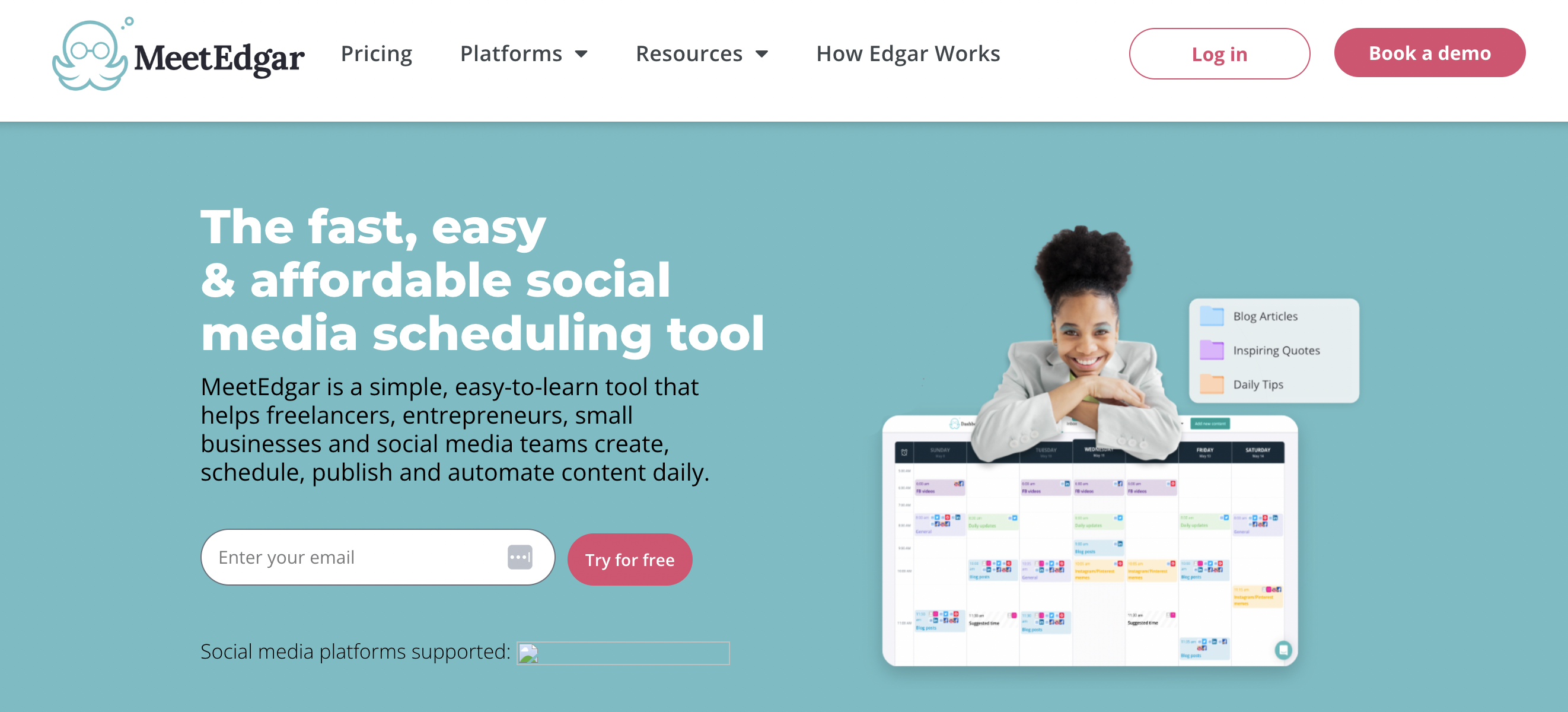 MeetEdgar homepage showing a woman smiling and laying cross-armed on top of a preview of the calendar and text that reads "the fast, easy and affordable social media scheduling tool"