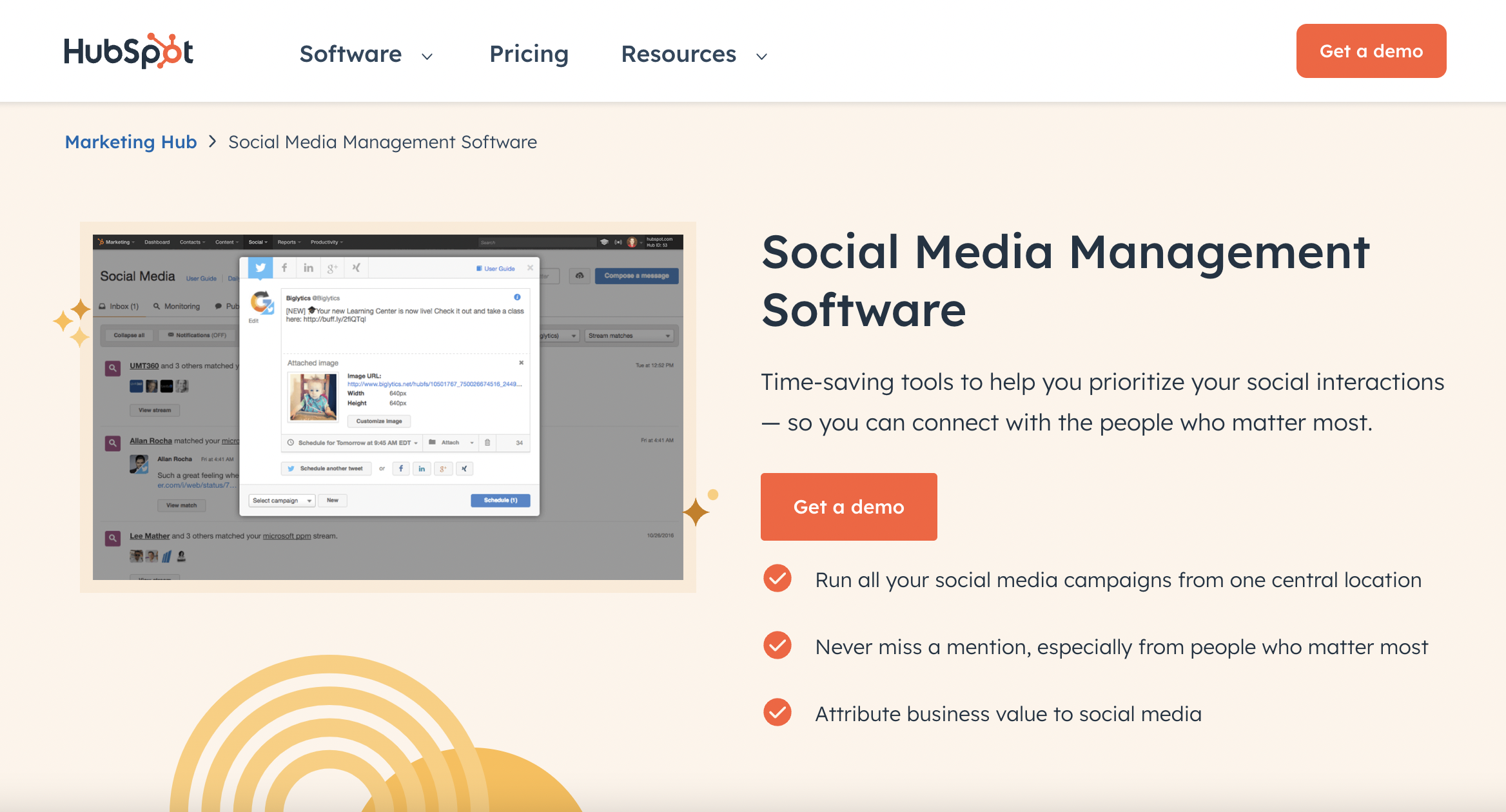 hubspot social media management software page with a preview of the tool