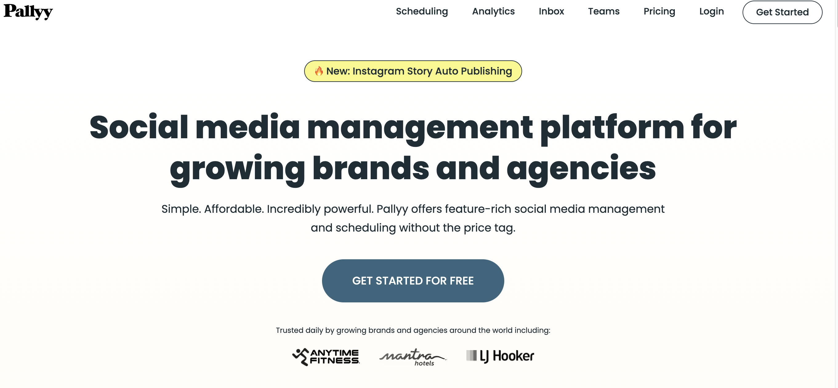 pallyy homepage with text that reads "social media management platform for growing brands and agencies"