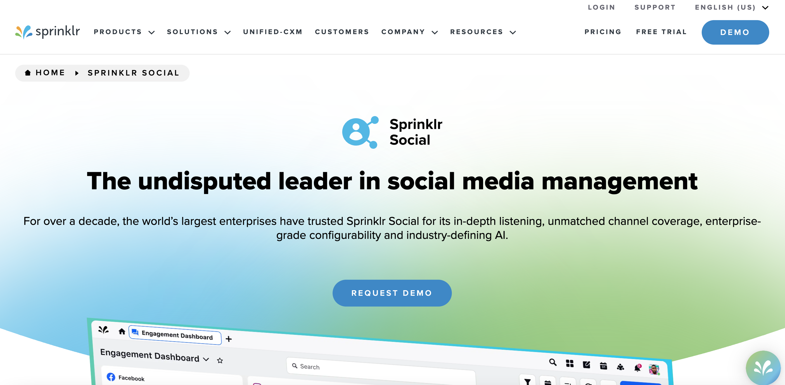 Sprinklr Social homepage with text that reads "undisputed leader in social media management"