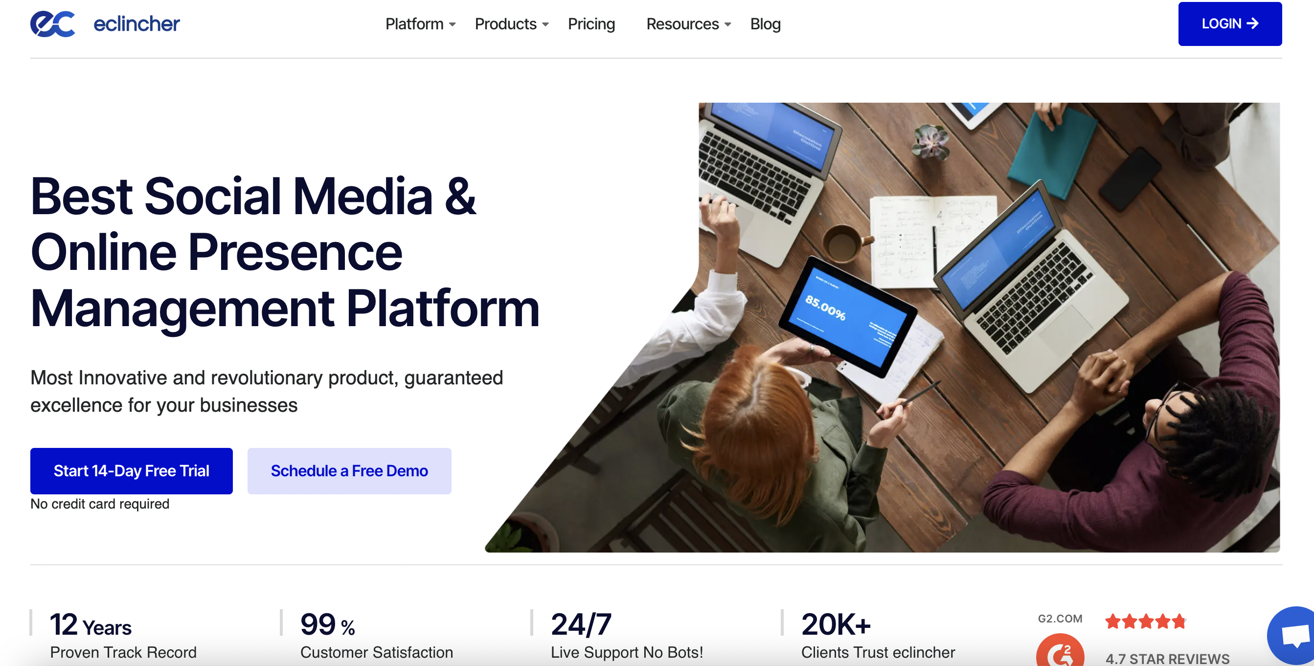 eClincher homepage with an aerial view of a team working together on a desk with laptops and tablets and text that reads "best social media and online presence management platform"