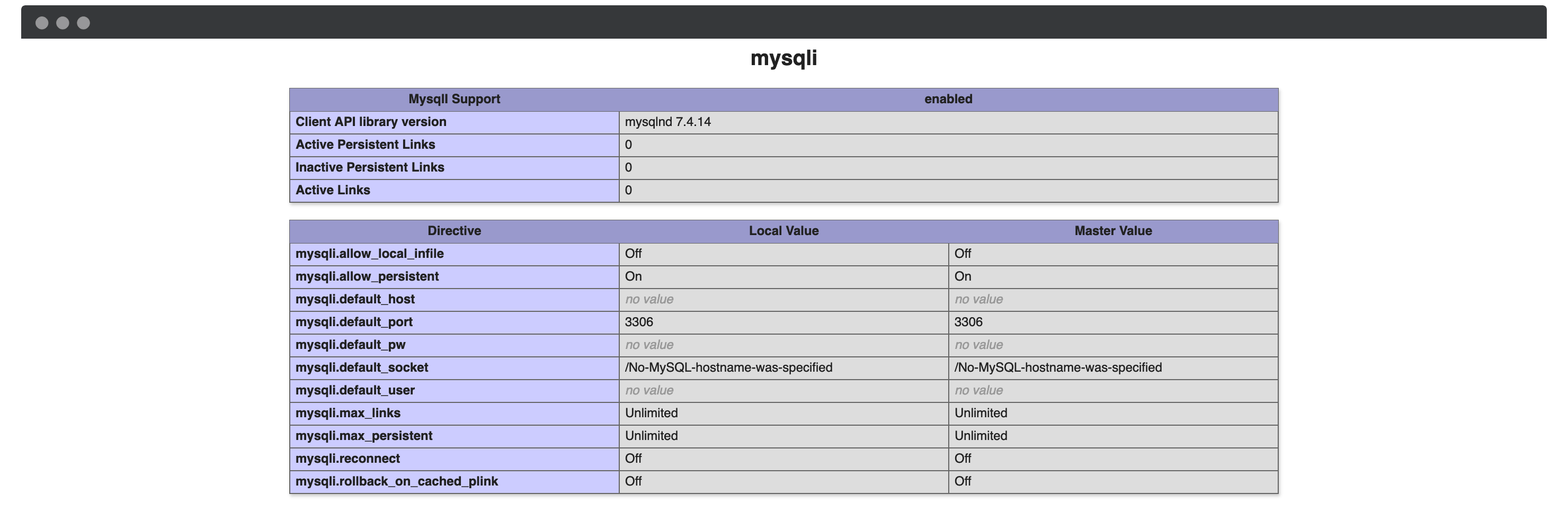 The mysqli section of your PHP diagnostics.