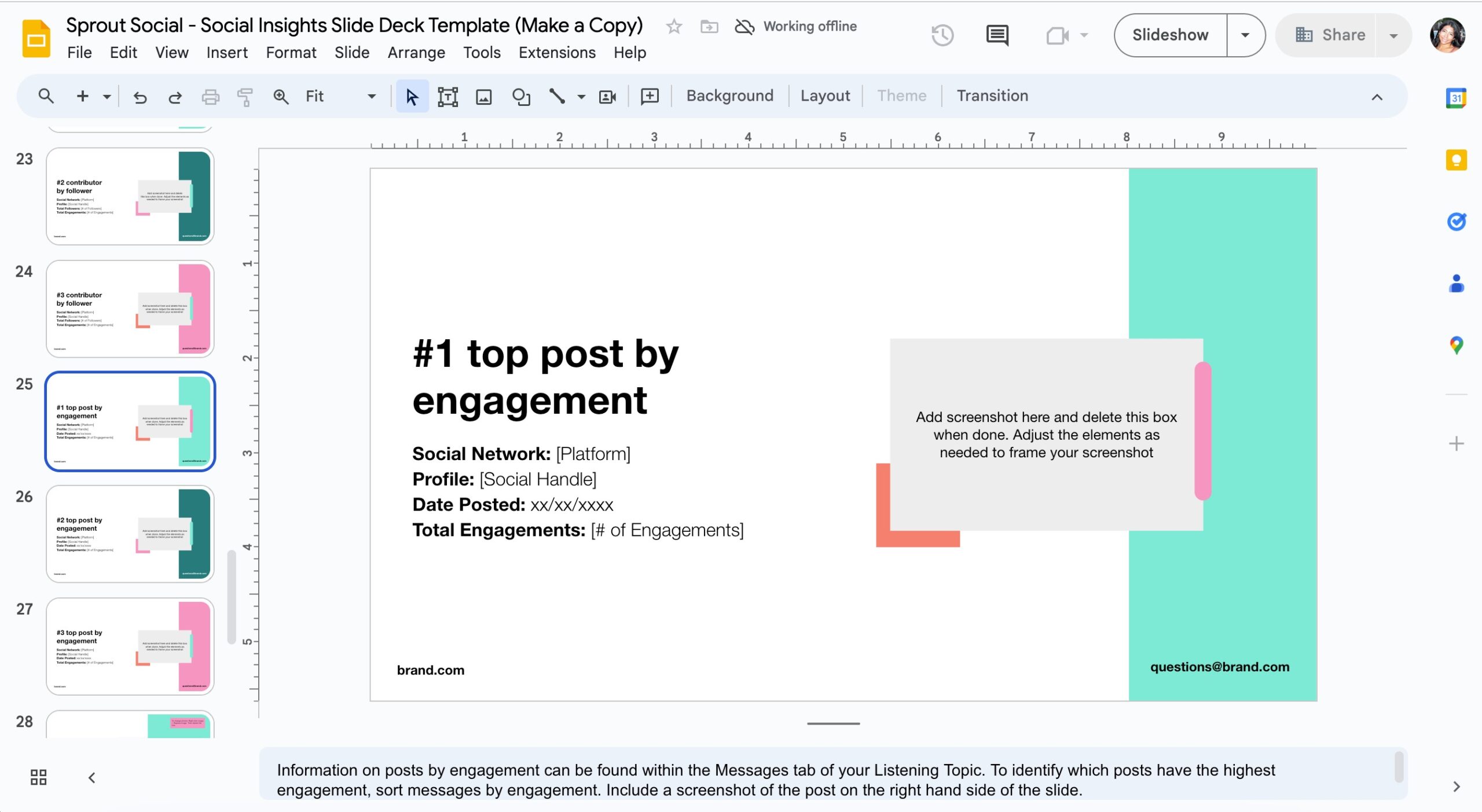 The social media listening insights deck open in Google Slides. 