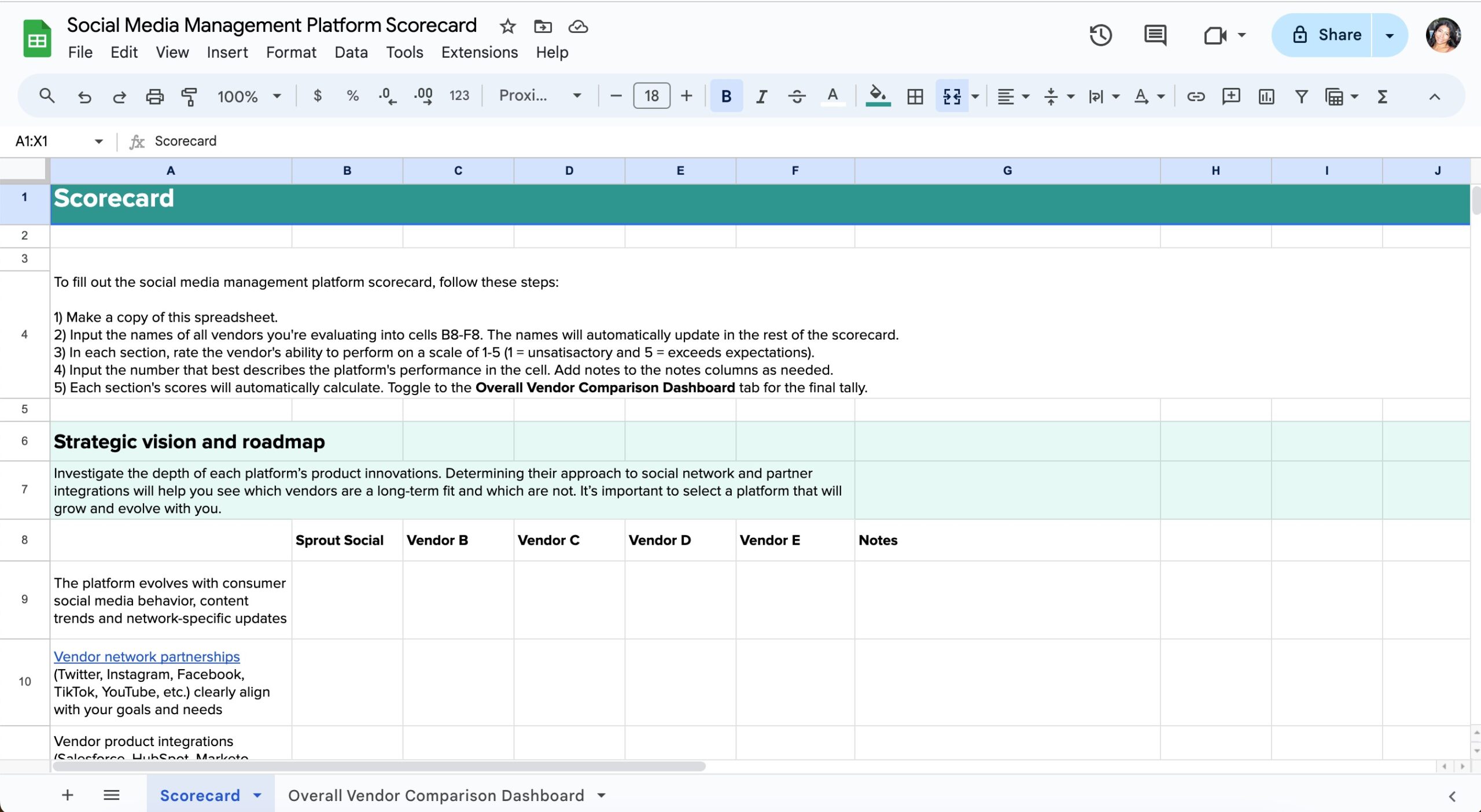 The social media scorecard open in Google Sheets. 