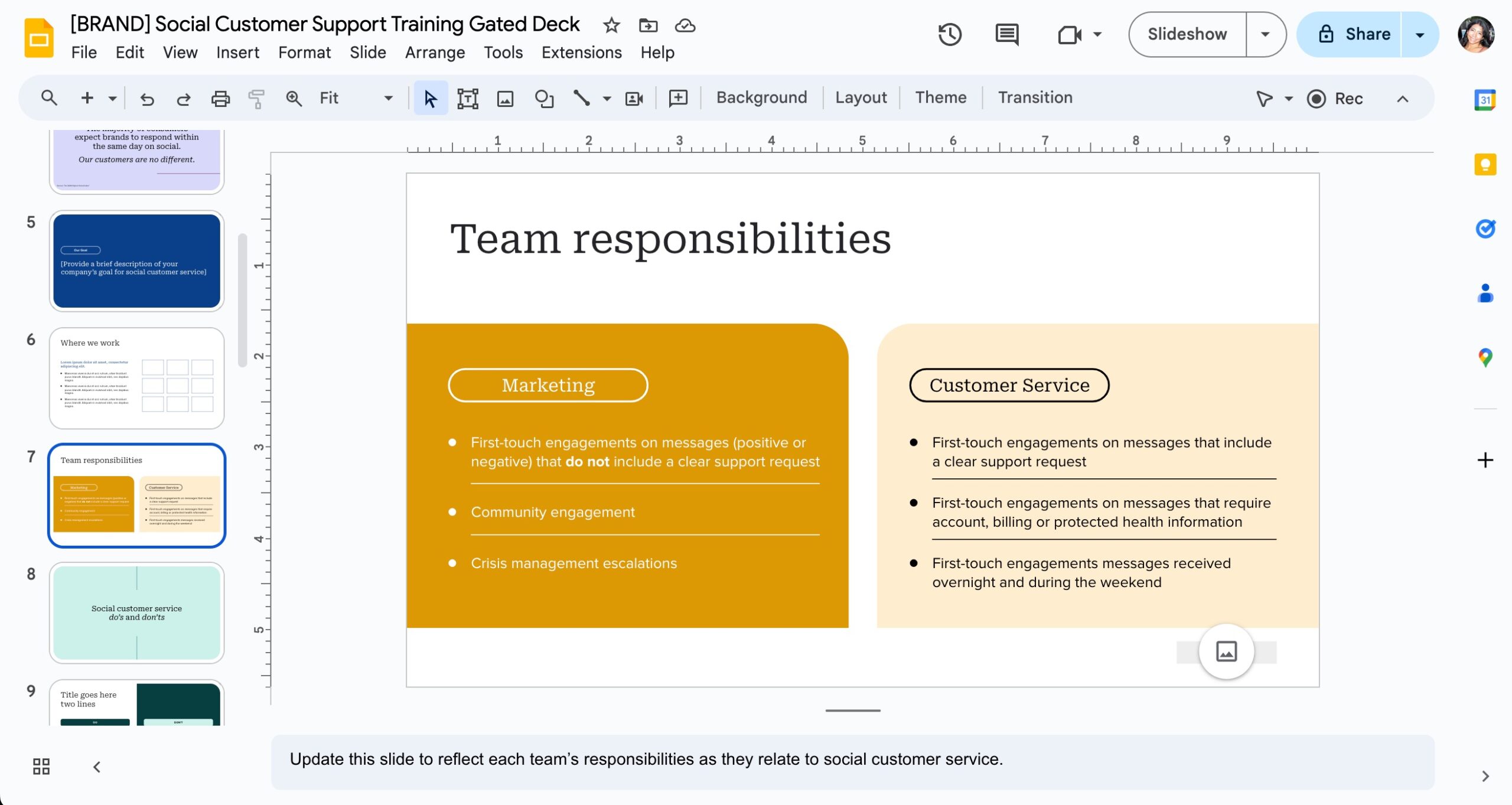 The social customer service training deck set up in Google Slides. 