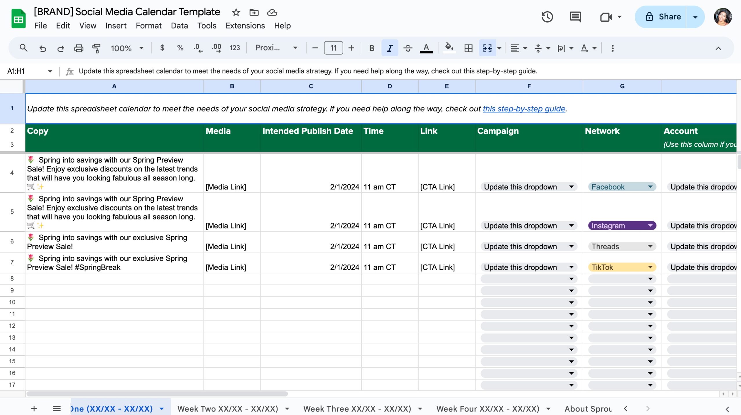 The social media calendar template open in Google Sheets. 