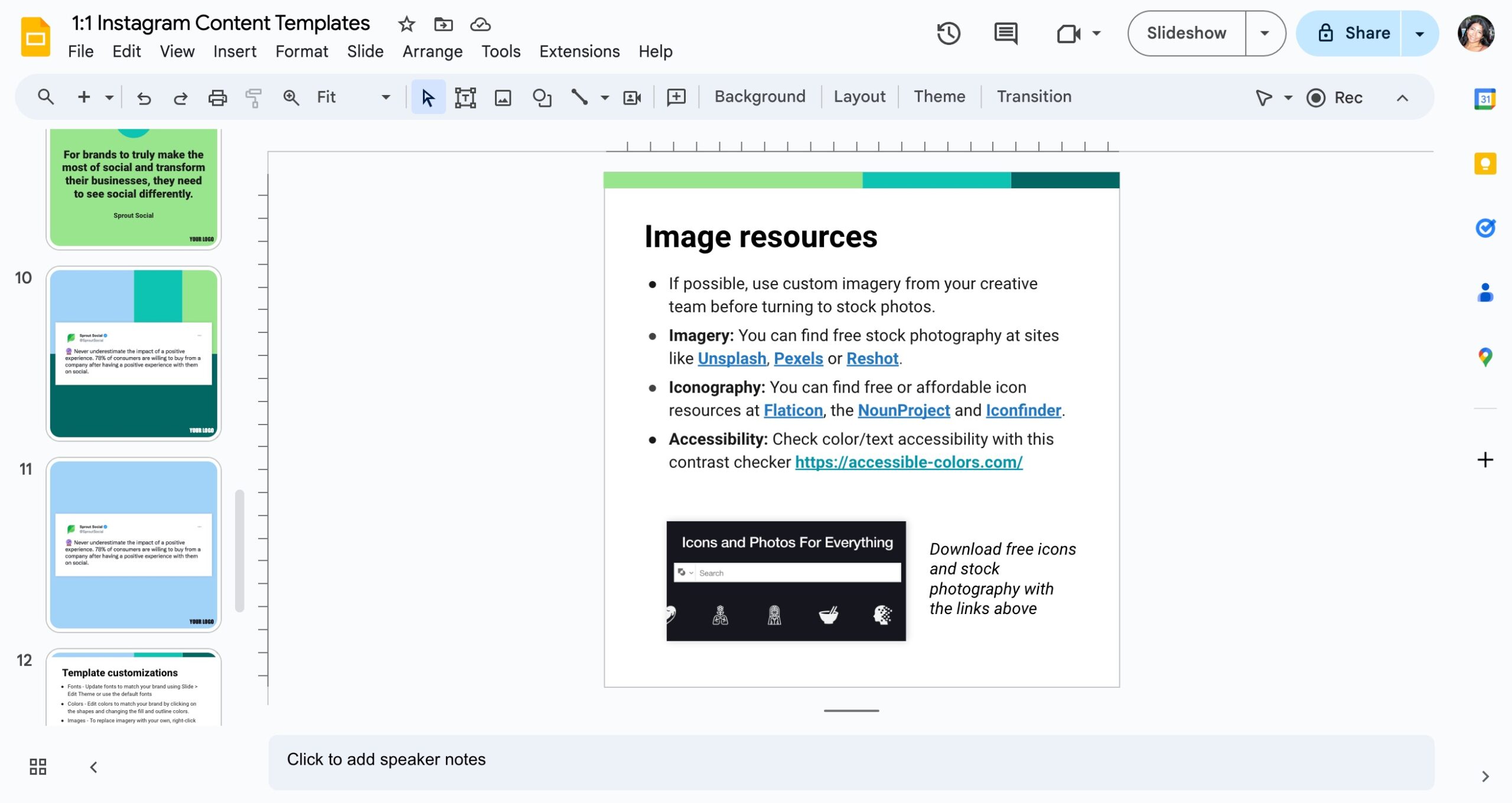 The Instagram post templates open in Google Slides. 