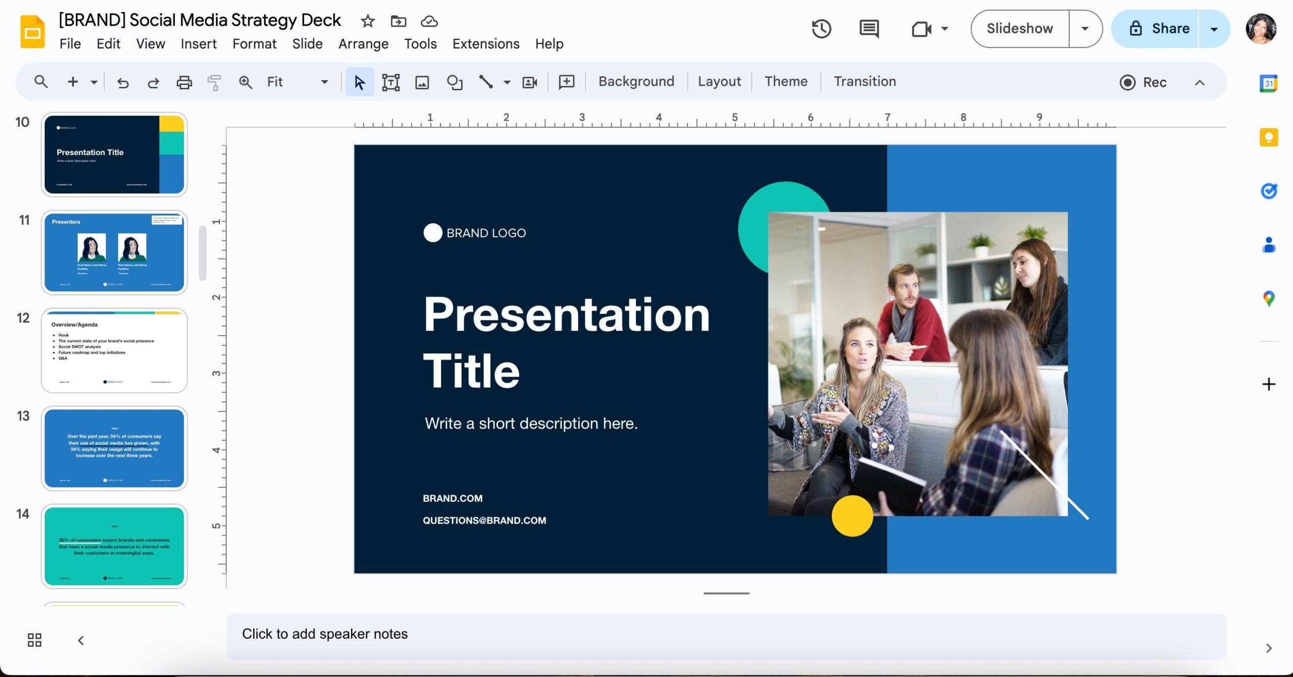 The Social Media Strategy Deck set up in Google Slides. 