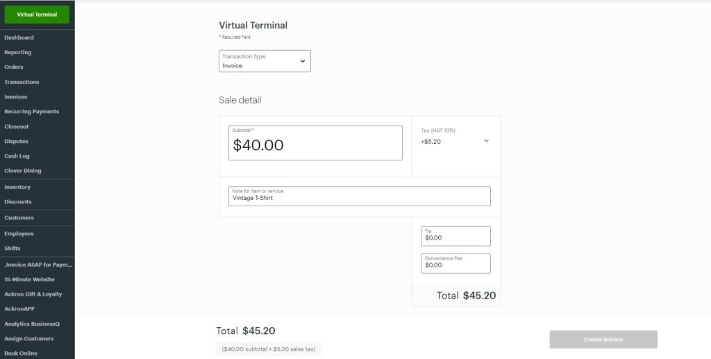 Clover invoice via Clover Virtual Terminal