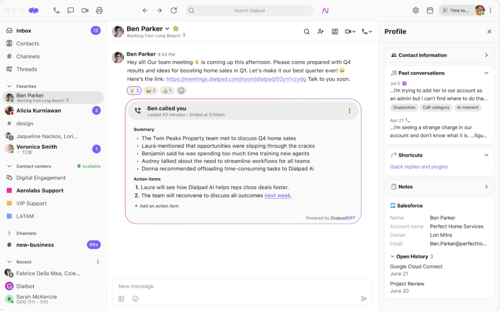 Dialpad team messaging workspace with generative AI enabled.