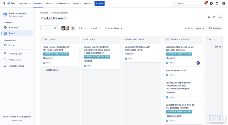 Jira displays a product research project board with sample tasks for discovery, content, usability, and concept testing.