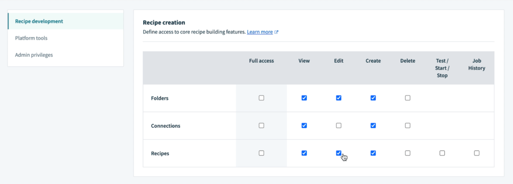 Workato's admin control panel for role-based access permissions.