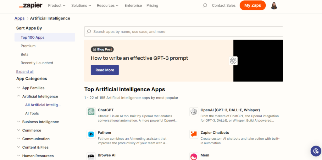 Zapier's catalog of artificial intelligence apps, including ChatGPT, OpenAI, and Fathom.