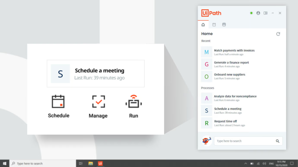 UiPath's attended robot displays a list of processes for tasks like scheduling a meeting, requesting time off, and analyzing data.