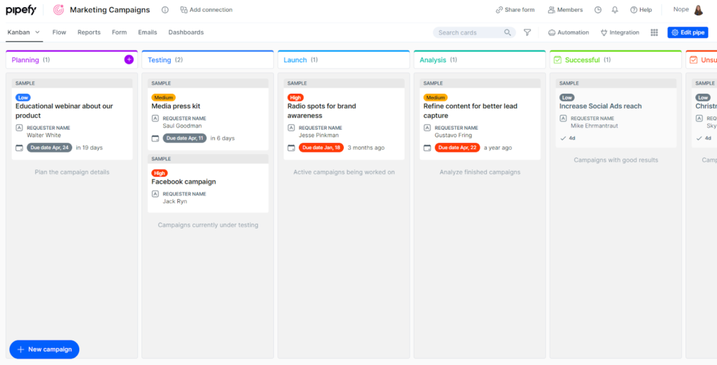 Pipefy displays a Kanban board with workflows in various project stages.