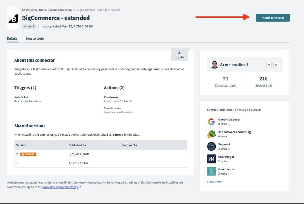 Workato's connector page for BigCommerce.