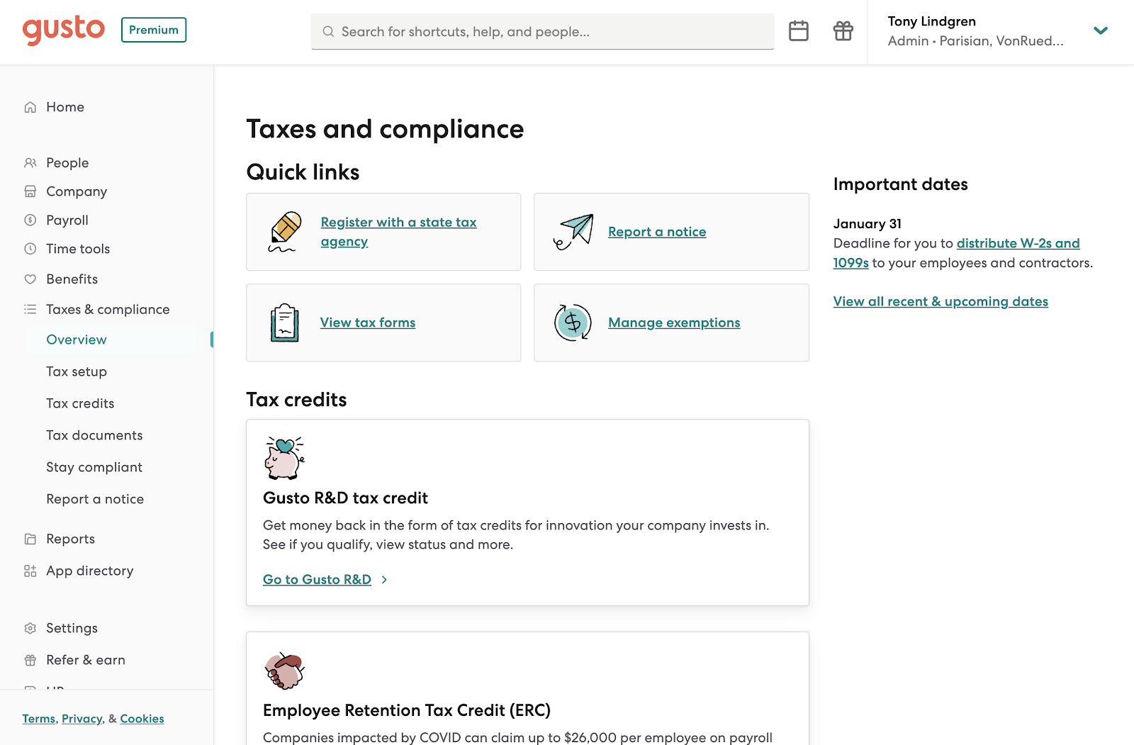 Gusto displays a taxes and compliance dashboard with quick links to register with a state tax agency, report a notice, view tax forms, and manage exemptions, plus information on R&D and ERC tax credits.