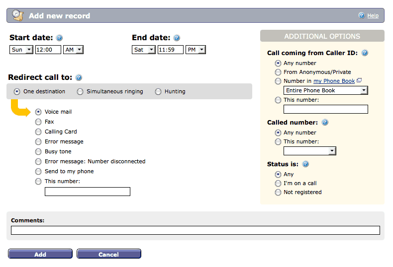 Callcentric settings for adding new call record.