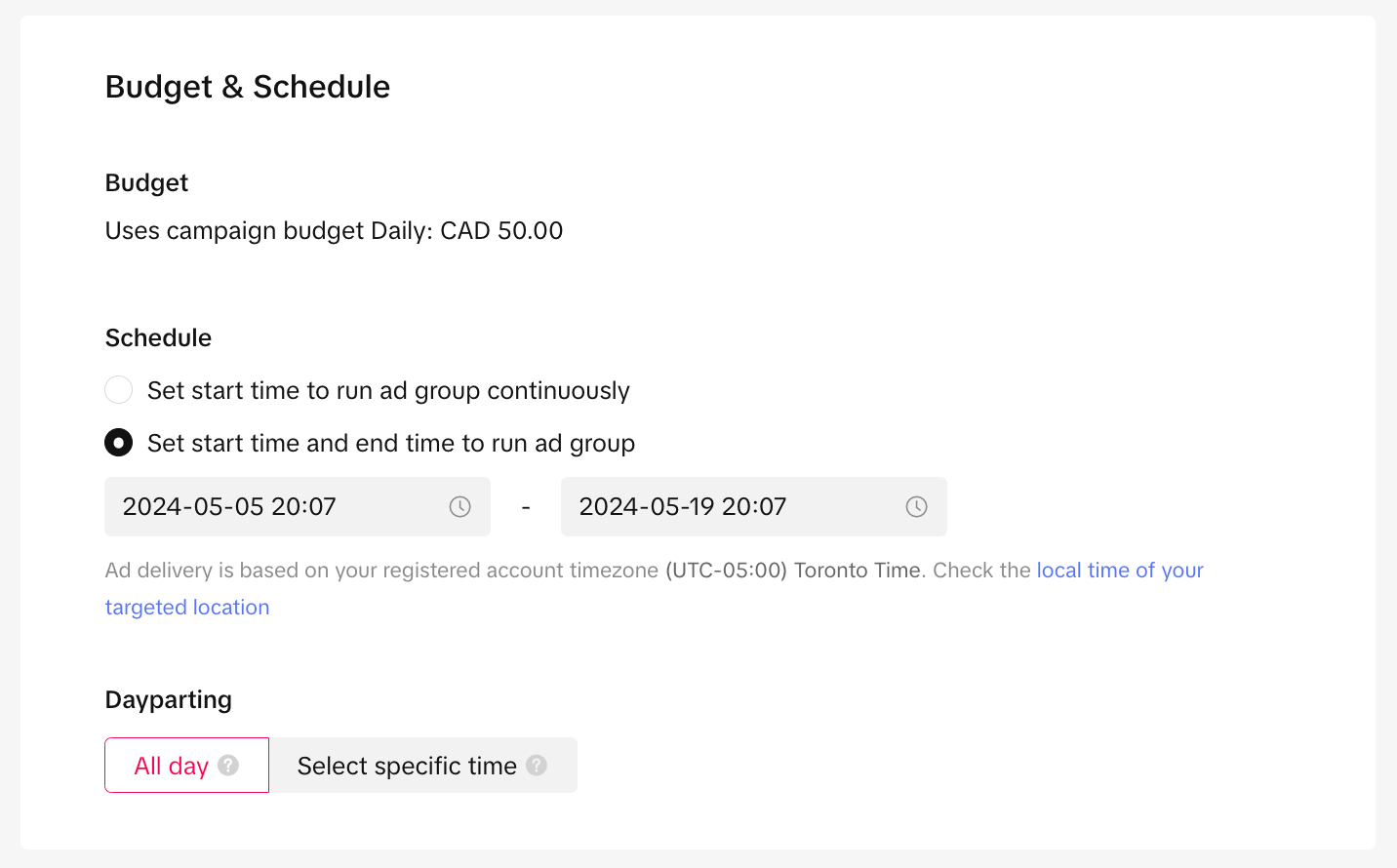The budget and schedule Tab in TikTok ads set-up process lets you enter a start and end date for your ads.