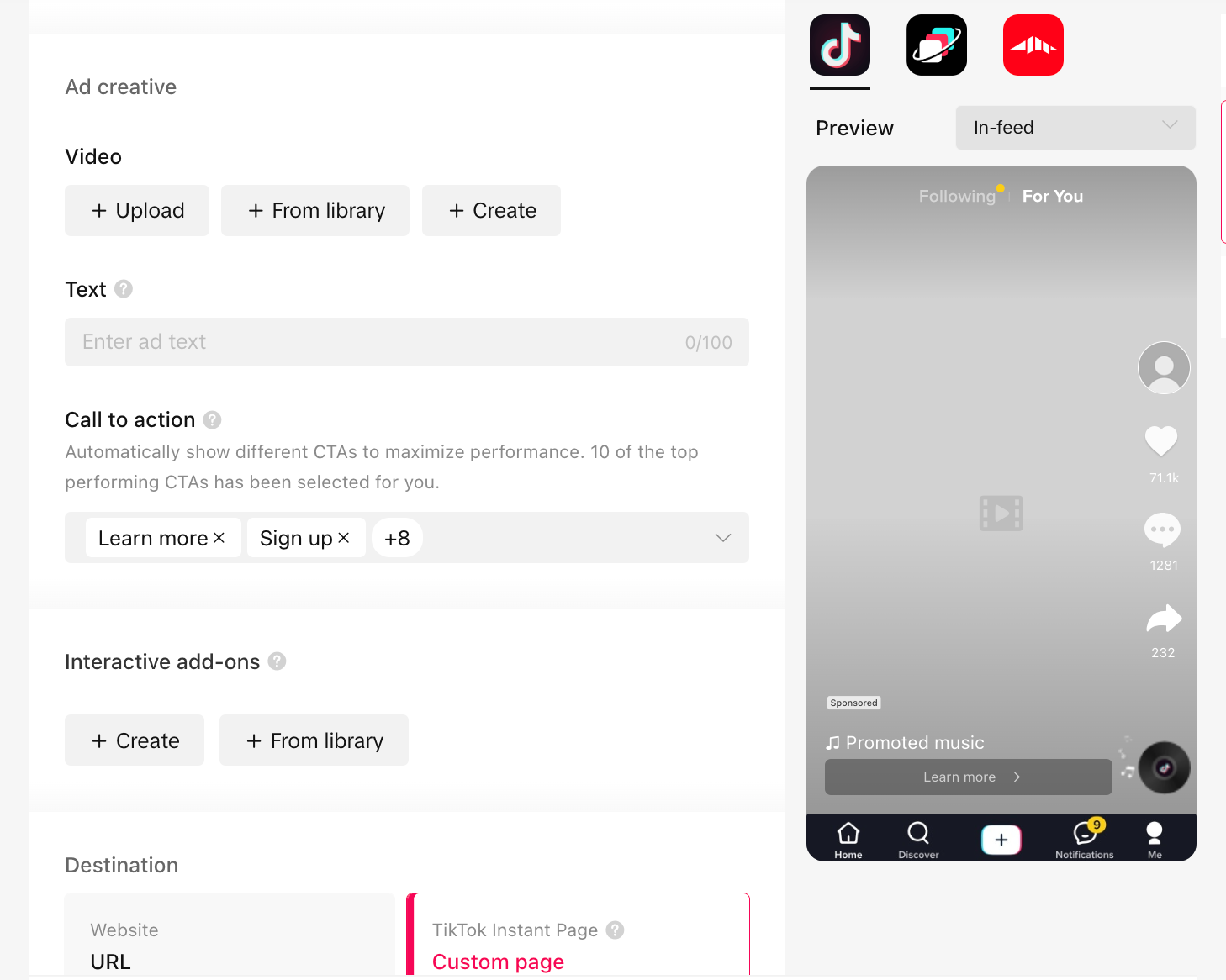 The ad creative tab in the TikTok ad set-up process lets you upload videos from your lbrary or create one.