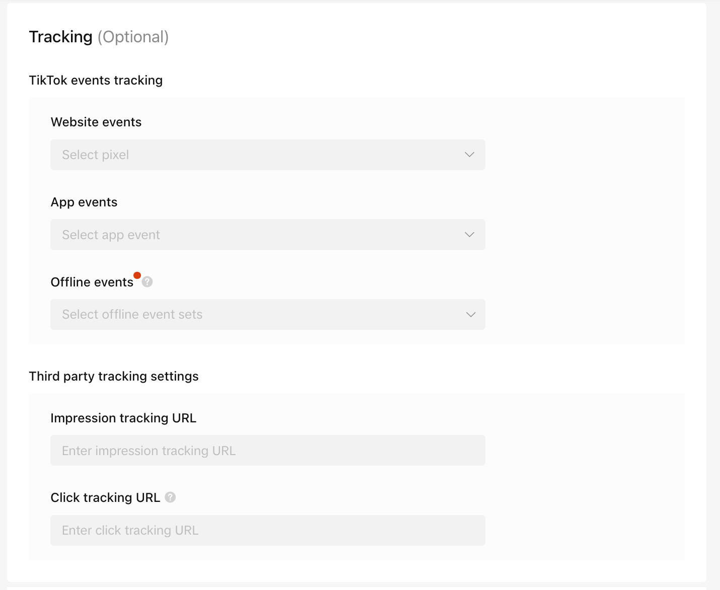 The tracking settings tab in TikTok ad set up process allows you track TikTok events on your website, app and offline.
