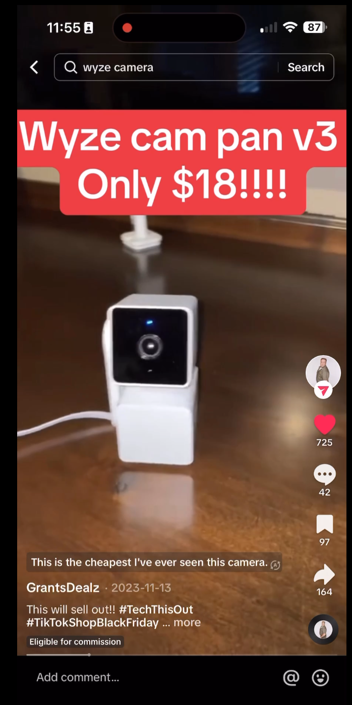A Wyze UGC ad that uses TikTok Shop’s affiliate selling program, Open Plan, to reach new audiences