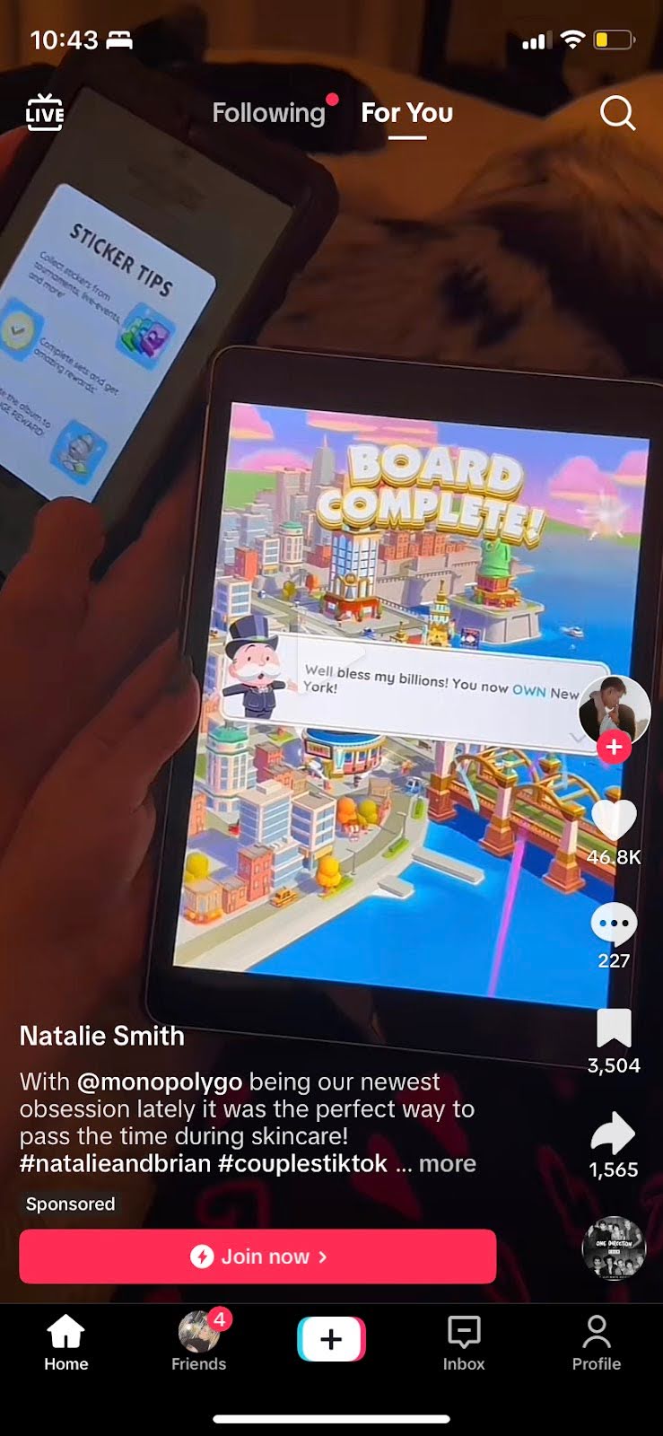 Monopoly Go TikTok ad creative where it partnered with creator Natalie Smith to create In-feed Video Ads promoting the game.