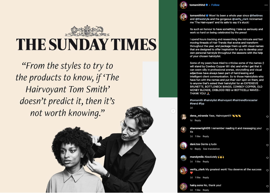 Tom Smith's Instagram post about being featured in The Sunday Times