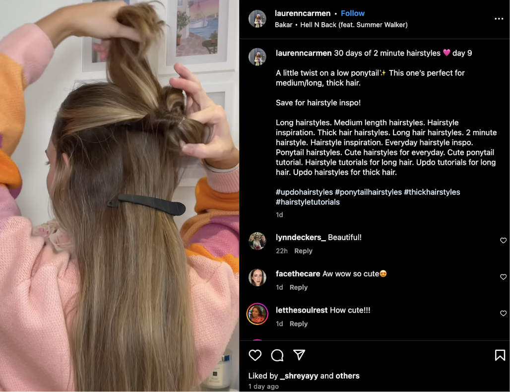 Lauren Carmen styling her hair in an Instagram video post