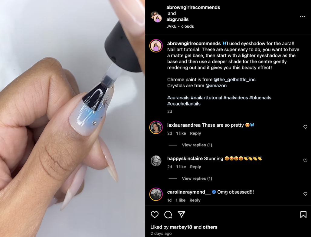 A Instagram Reel featuring @ABrownGirlRecommends reviewing a nail polish brand. 