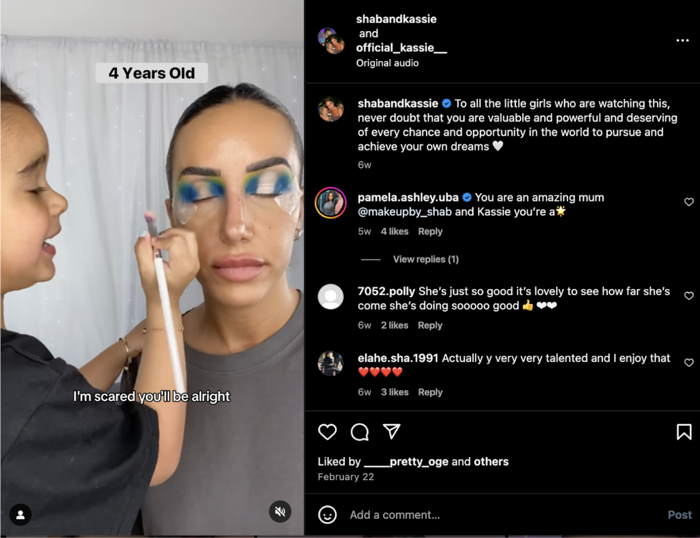 Instagram post of Kassie applying eye makeup on Shab