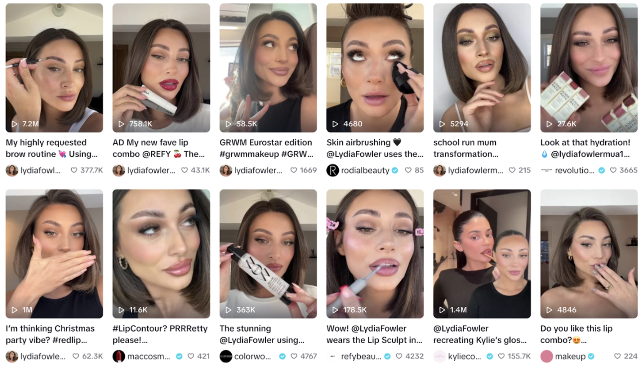 Grid of makeup videos on Lydia Fowler's TikTok