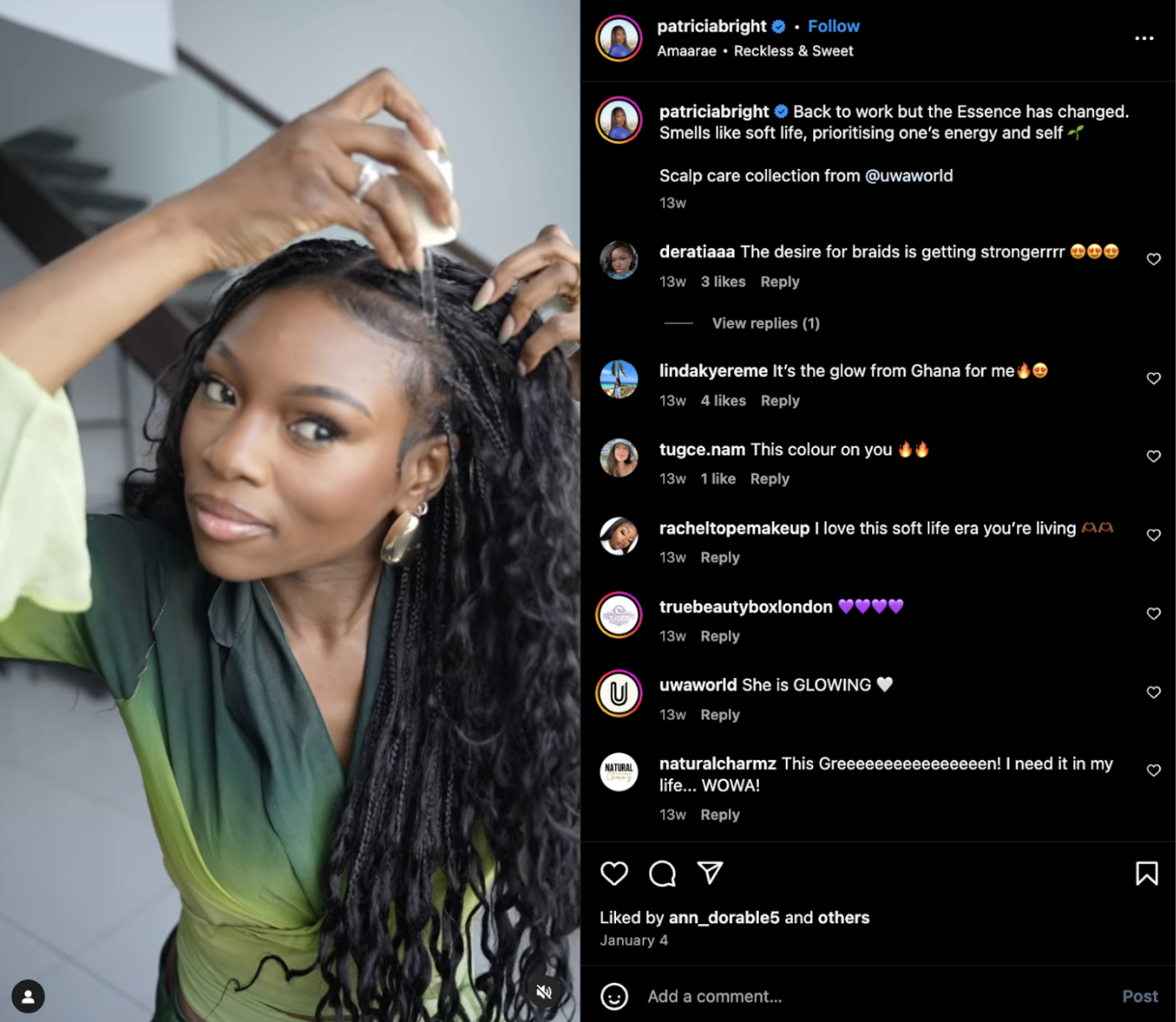 Patricia applying hair product in an Instagram post