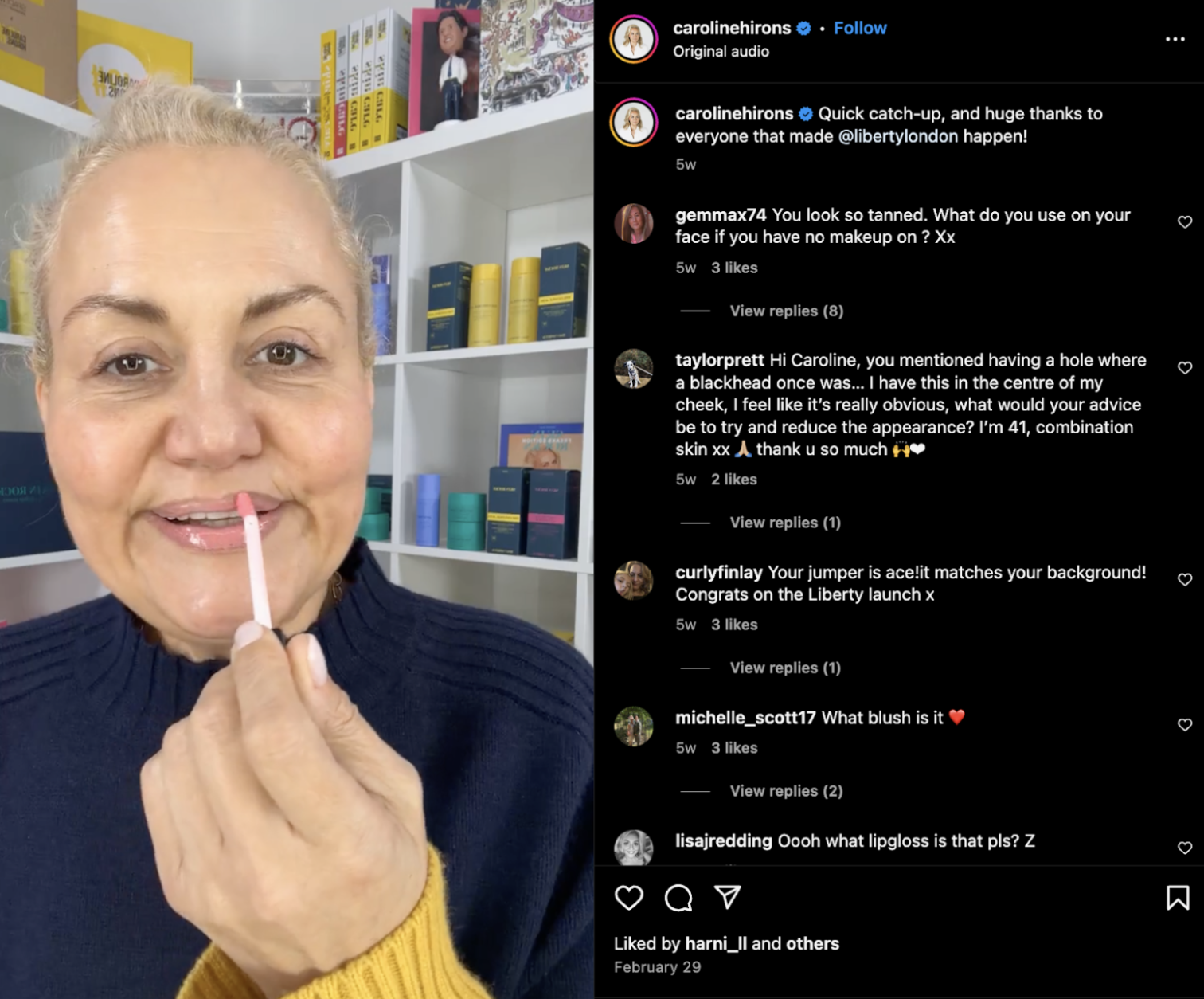 Caroline Hirons applying lip product on Instagram